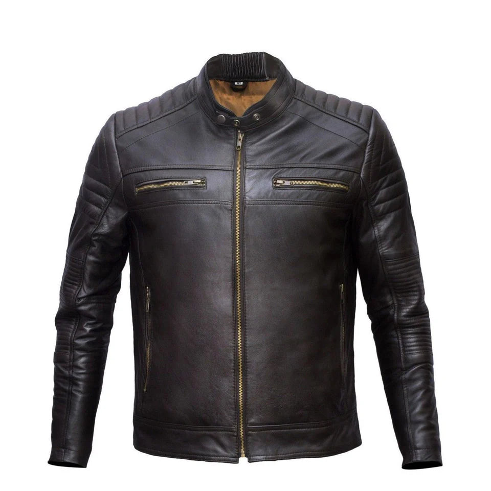 Men’s Black Cafe Racer Leather Jacket – Slim Fit Moto Biker Jacket with Quilted Shoulders