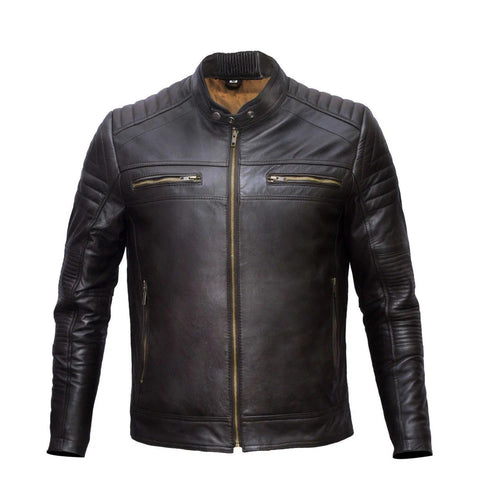 Men’s Black Cafe Racer Leather Jacket – Slim Fit Moto Biker Jacket with Quilted Shoulders