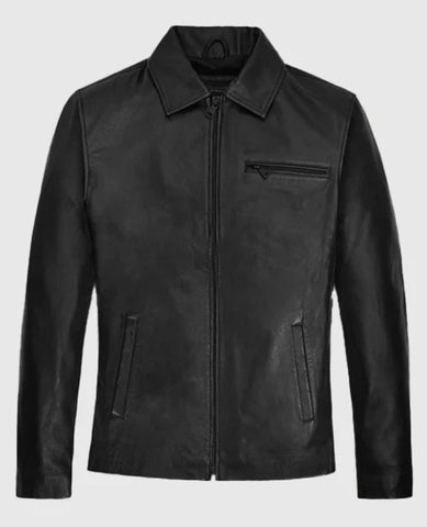 Men’s Black Leather Jacket – Classic Minimalist Zip-Up Casual Style