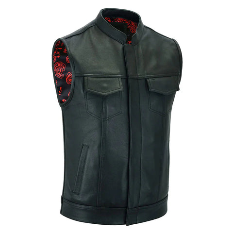 Men’s Black Leather Biker Vest with Red Paisley Lining