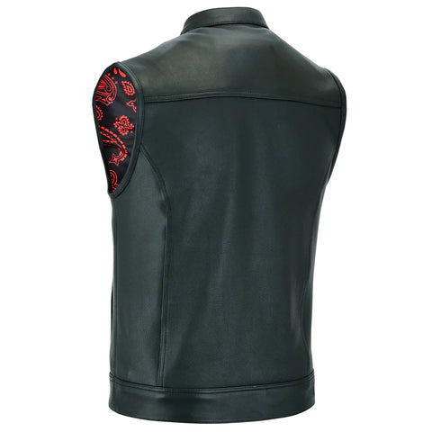 Men’s Black Leather Biker Vest with Red Paisley Lining