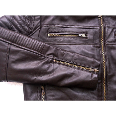 Men’s Black Cafe Racer Leather Jacket – Slim Fit Moto Biker Jacket with Quilted Shoulders
