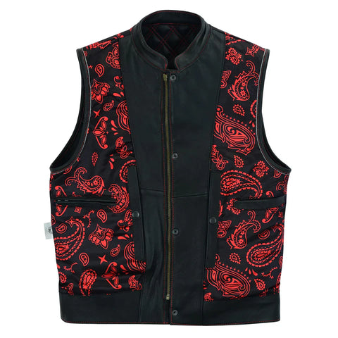 Men’s Black Leather Biker Vest with Red Paisley Lining